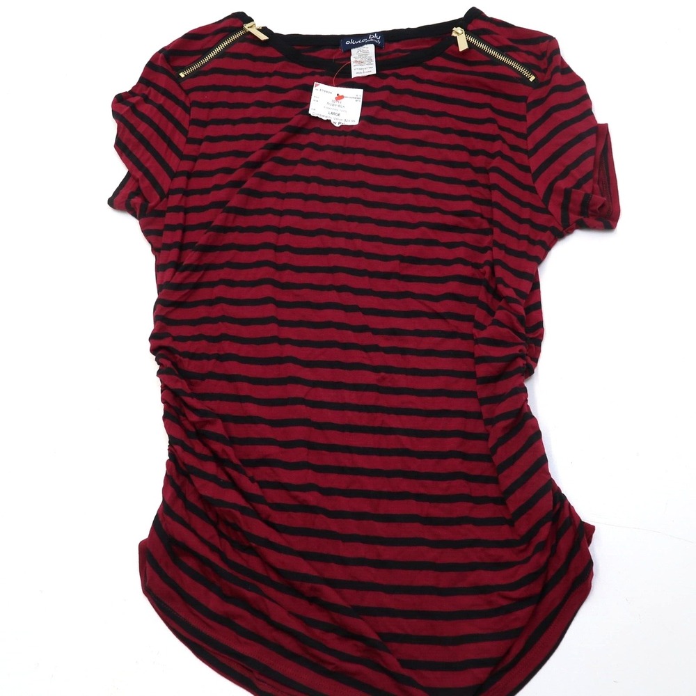 Olivia Blu Maternity Knit Top Size Large Zipper Accents Ruby Red Naby Blue Strip